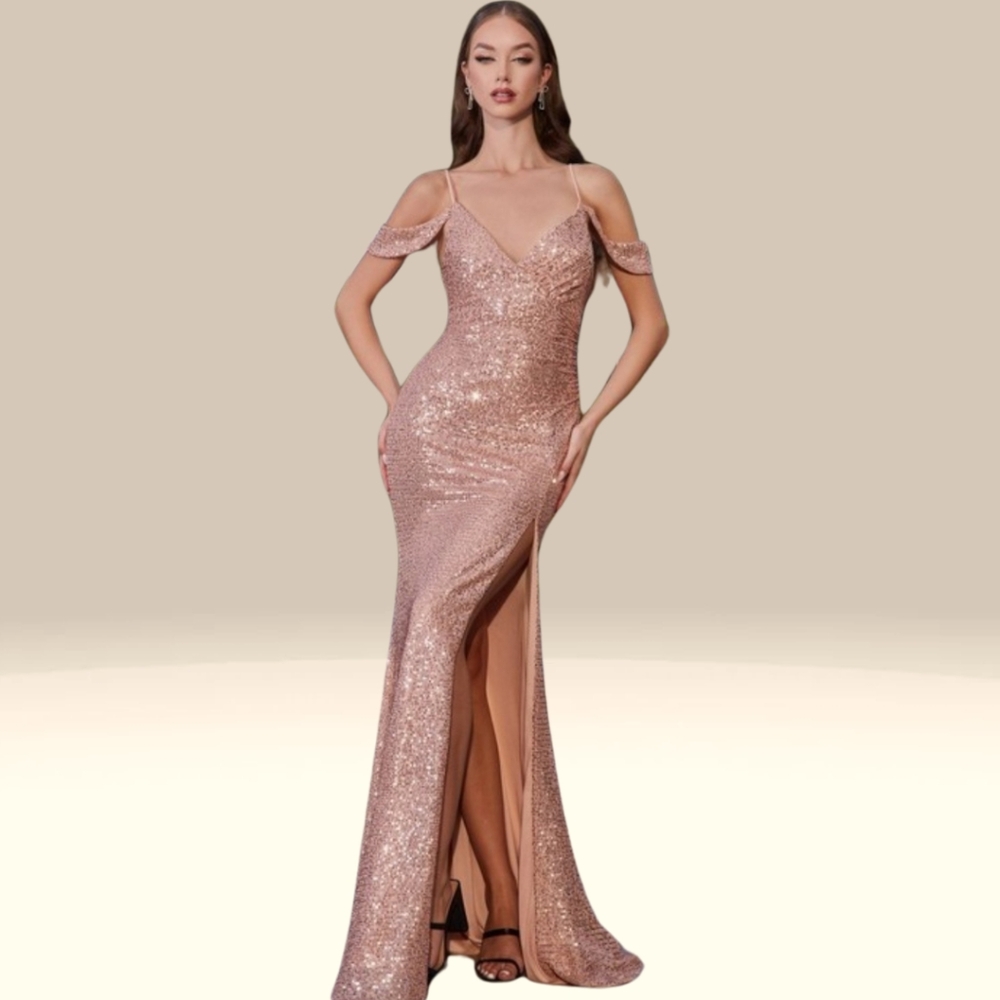 Draped shoulder sequin fitted dress